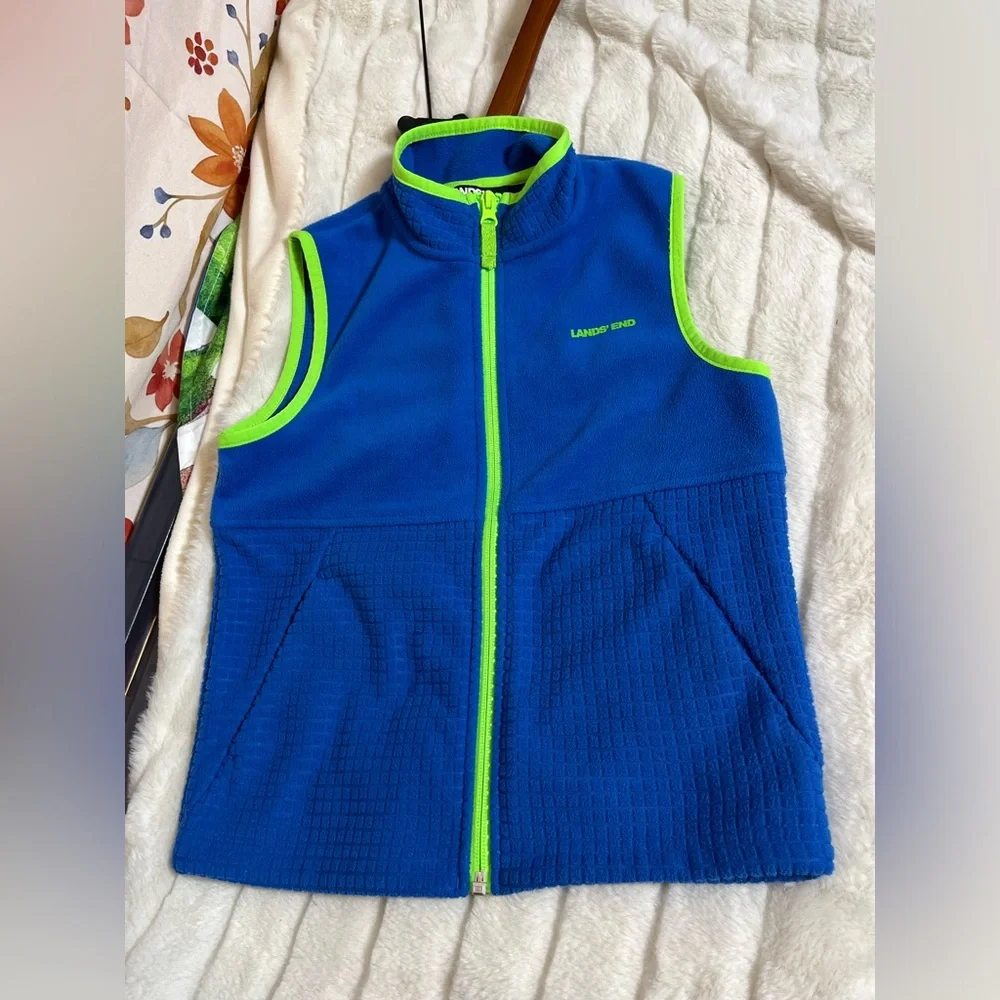 Lands End Kids S 6/7 Fleece Bright Blue Green Full Zip Hiking Camp Spring Vest